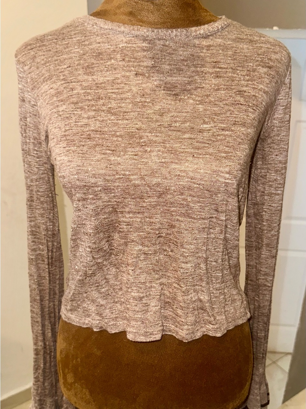 Zara Long-Sleeve Crewneck Top in Heathered Taupe
